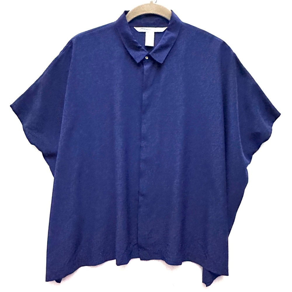 Diane von Furstenberg DVF Eris Sz 4 Navy 100% Silk Boxy Button Down Blouse Top
